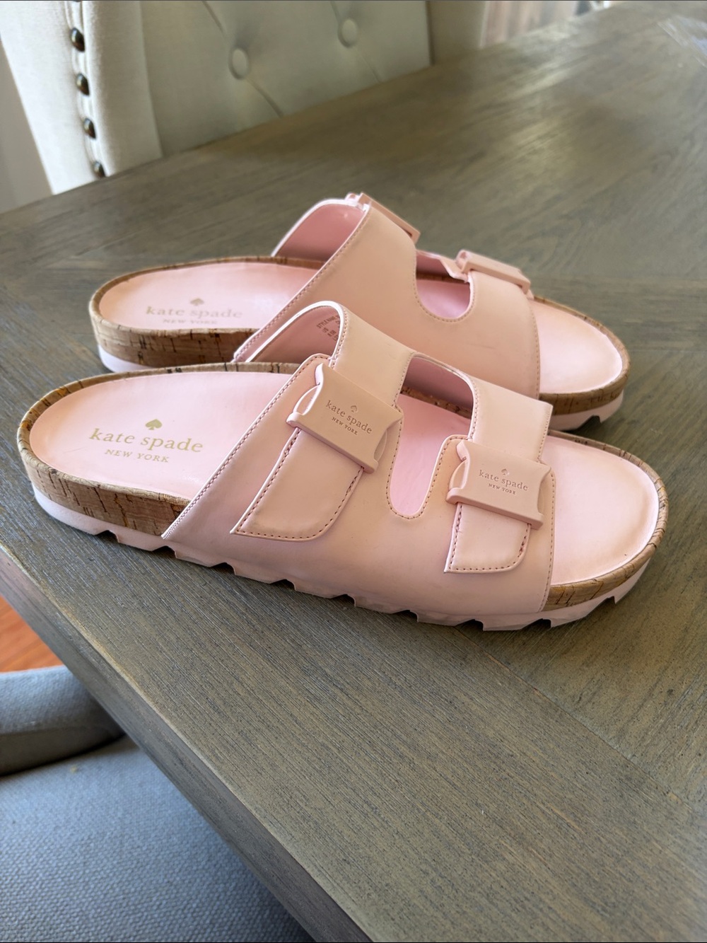 kate spade pale pink leather buckle slide sandals